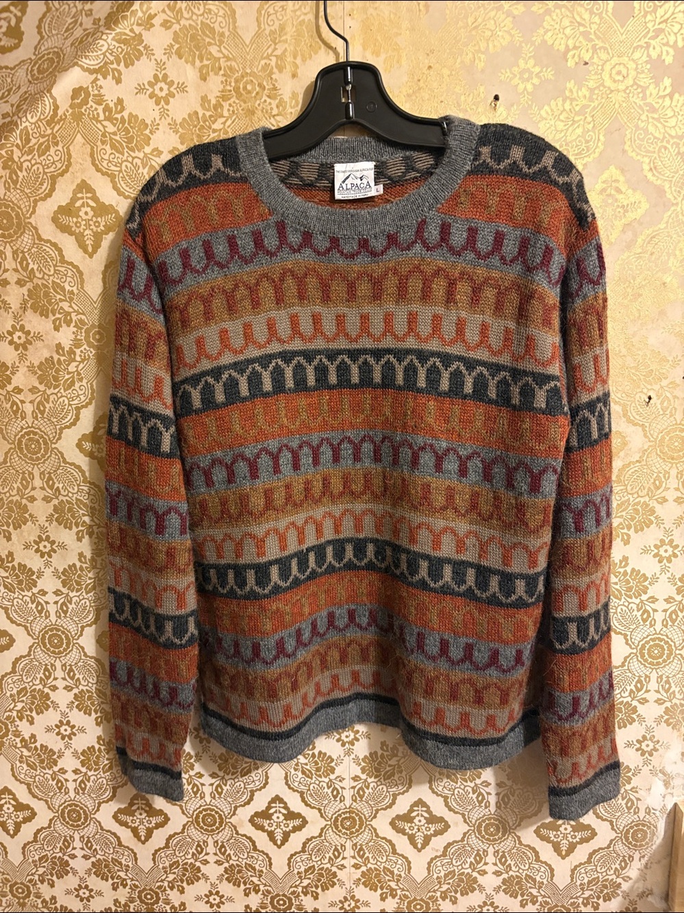 Vintage Alpaca Peru Sweater Geometric Fair Isle Knit Size L